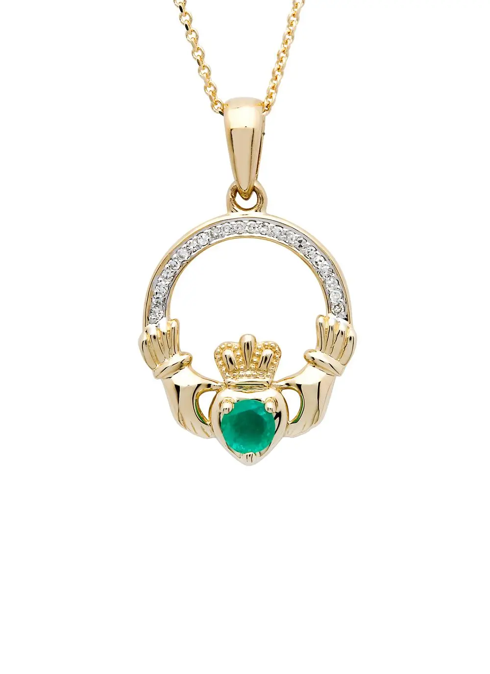 14ct Gold Claddagh Emerald & Diamond Pendant