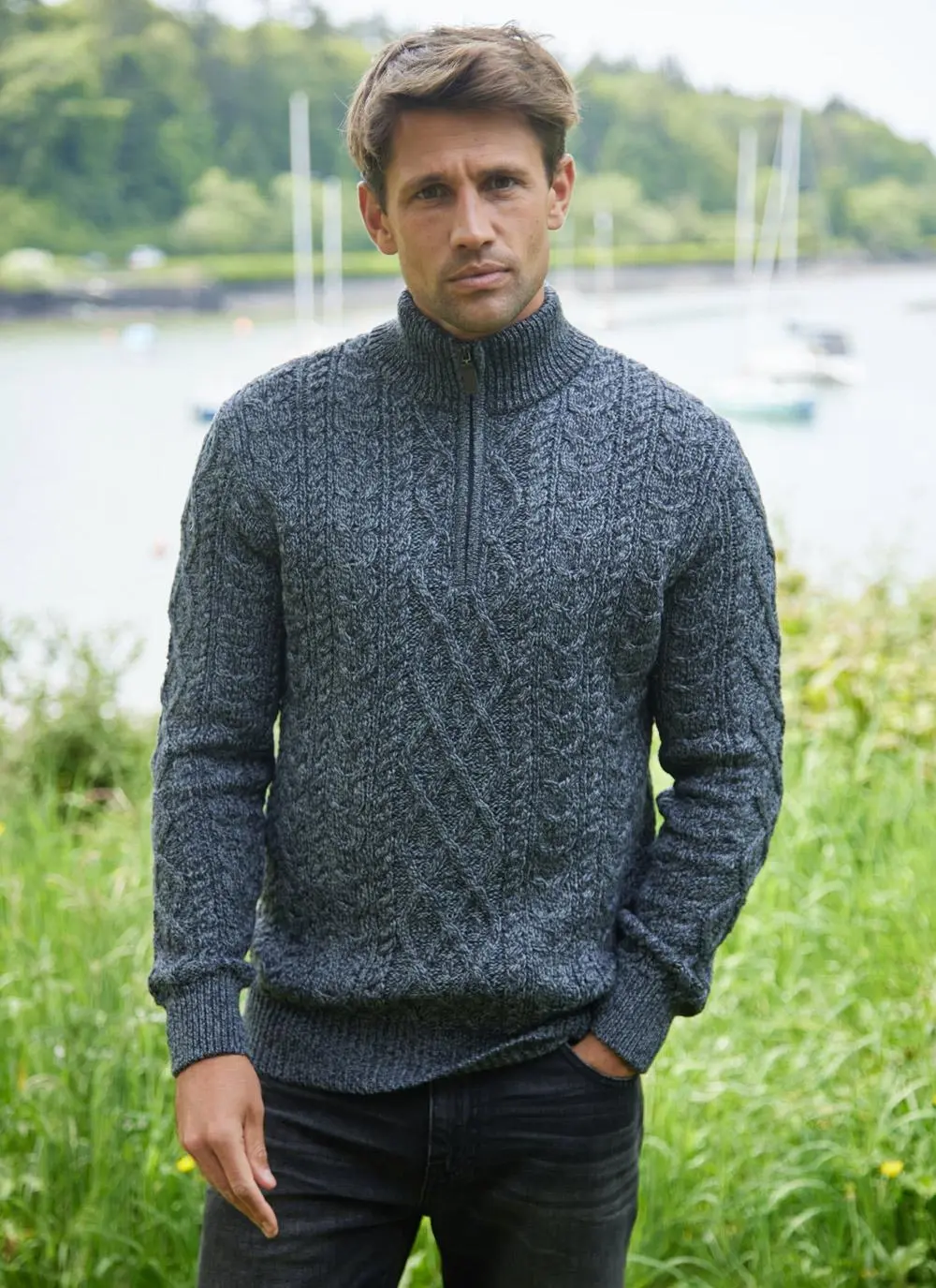Sean Half Zip Aran Sweater in Slate | Blarney