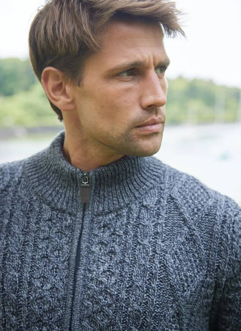 Cian Full Zip Aran Sweater in Slate | Aran Sweaters for Men | Blarney