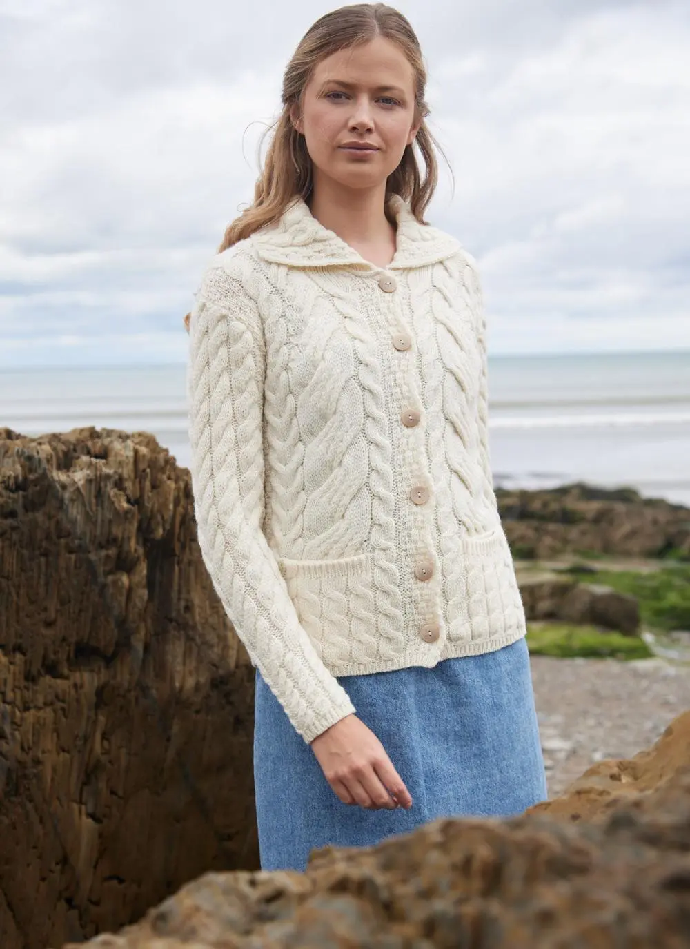 Super Soft Merino Wool Cable Cardigan in Natural | Blarney