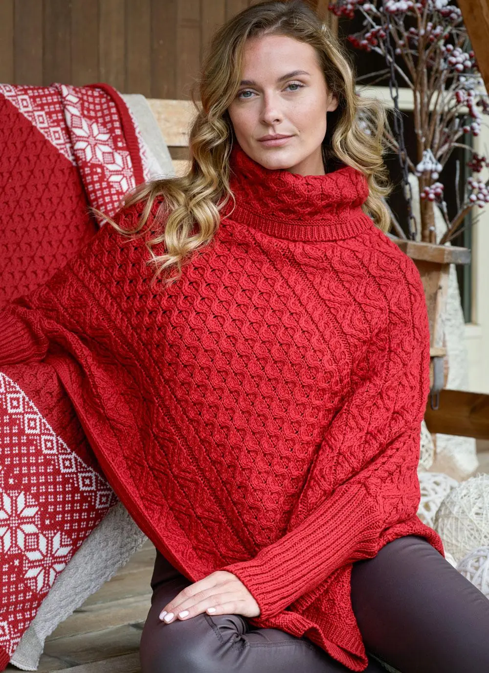 Aran Cowl Neck Poncho with Sleeves  