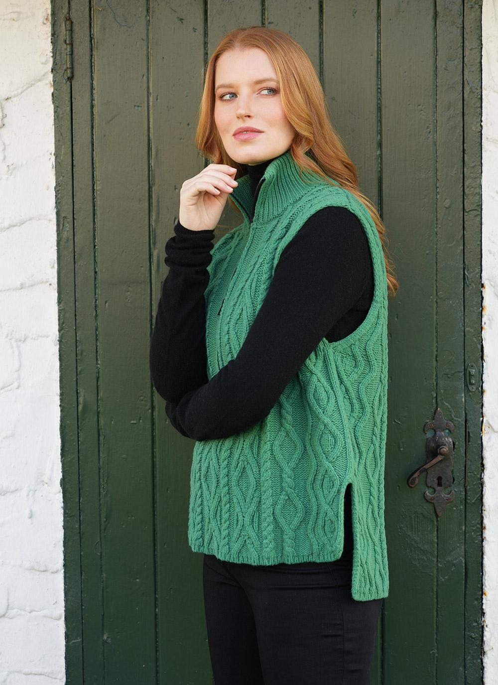 Cable Sleeveless Zip Sweater in Green | Blarney