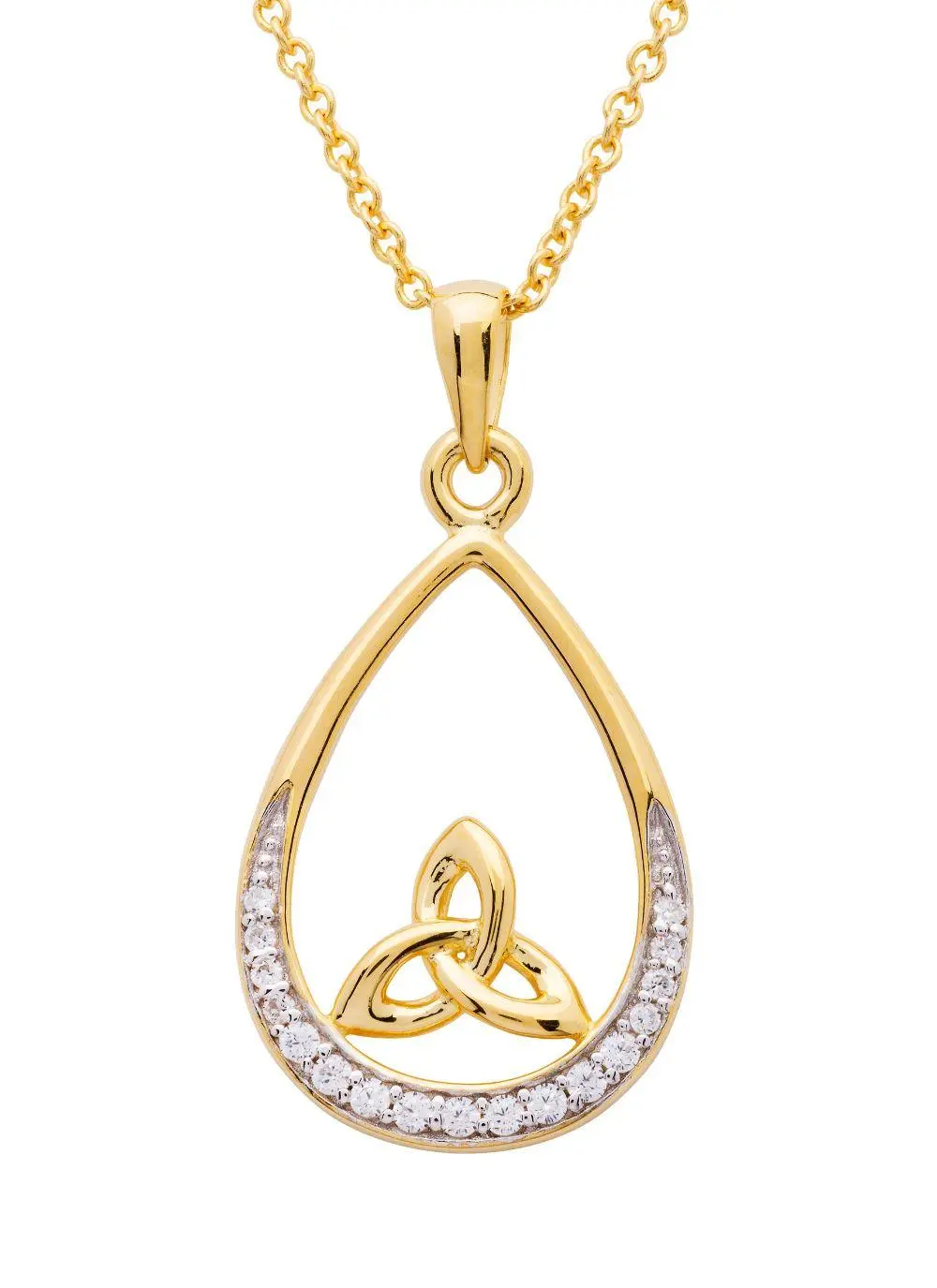 White background cut out shot of 14Ct Gold Vermeil Trinity Knot Tear Drop Pendant