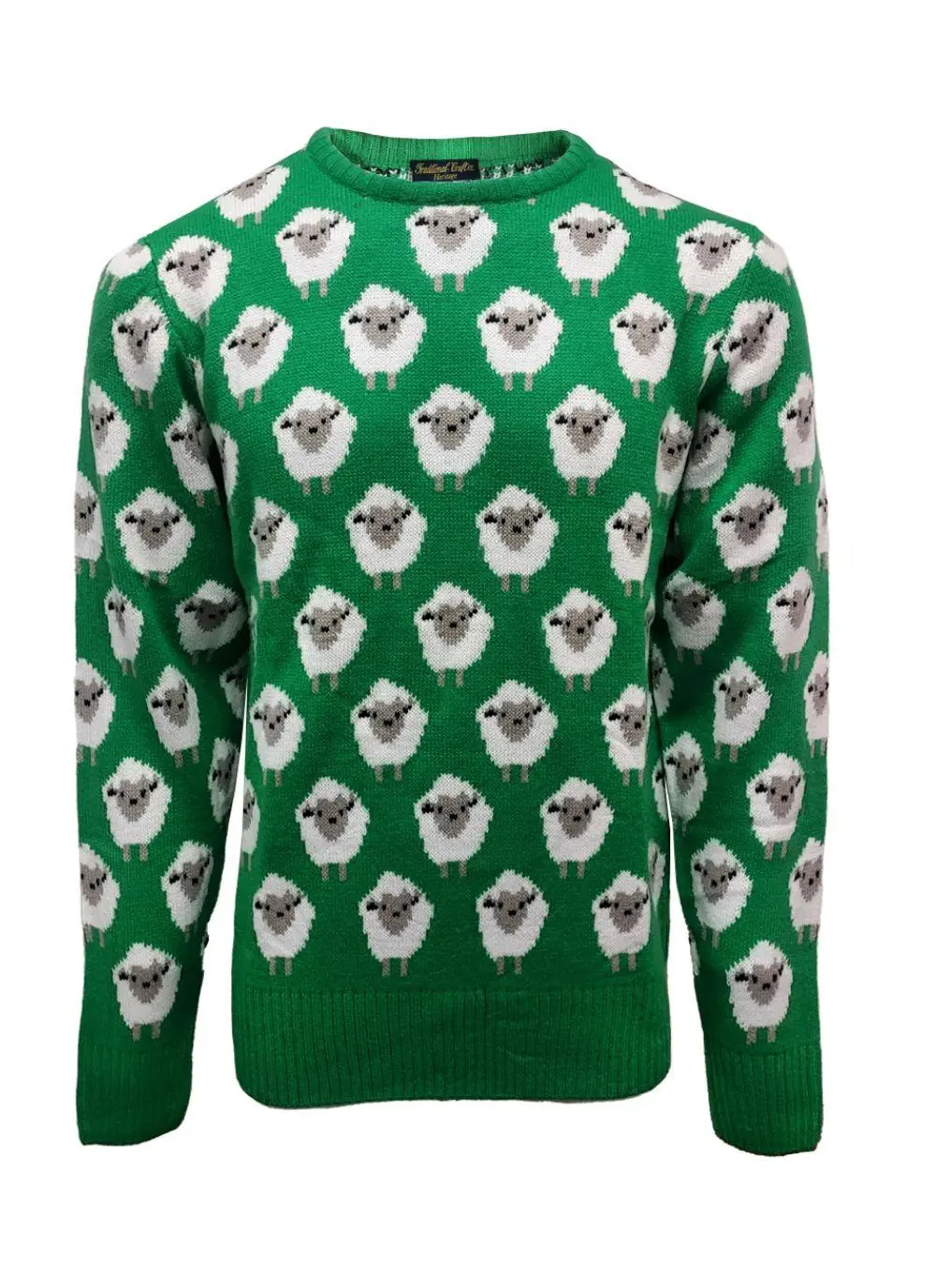 White cutout of green knit sweater with sheep pattern
