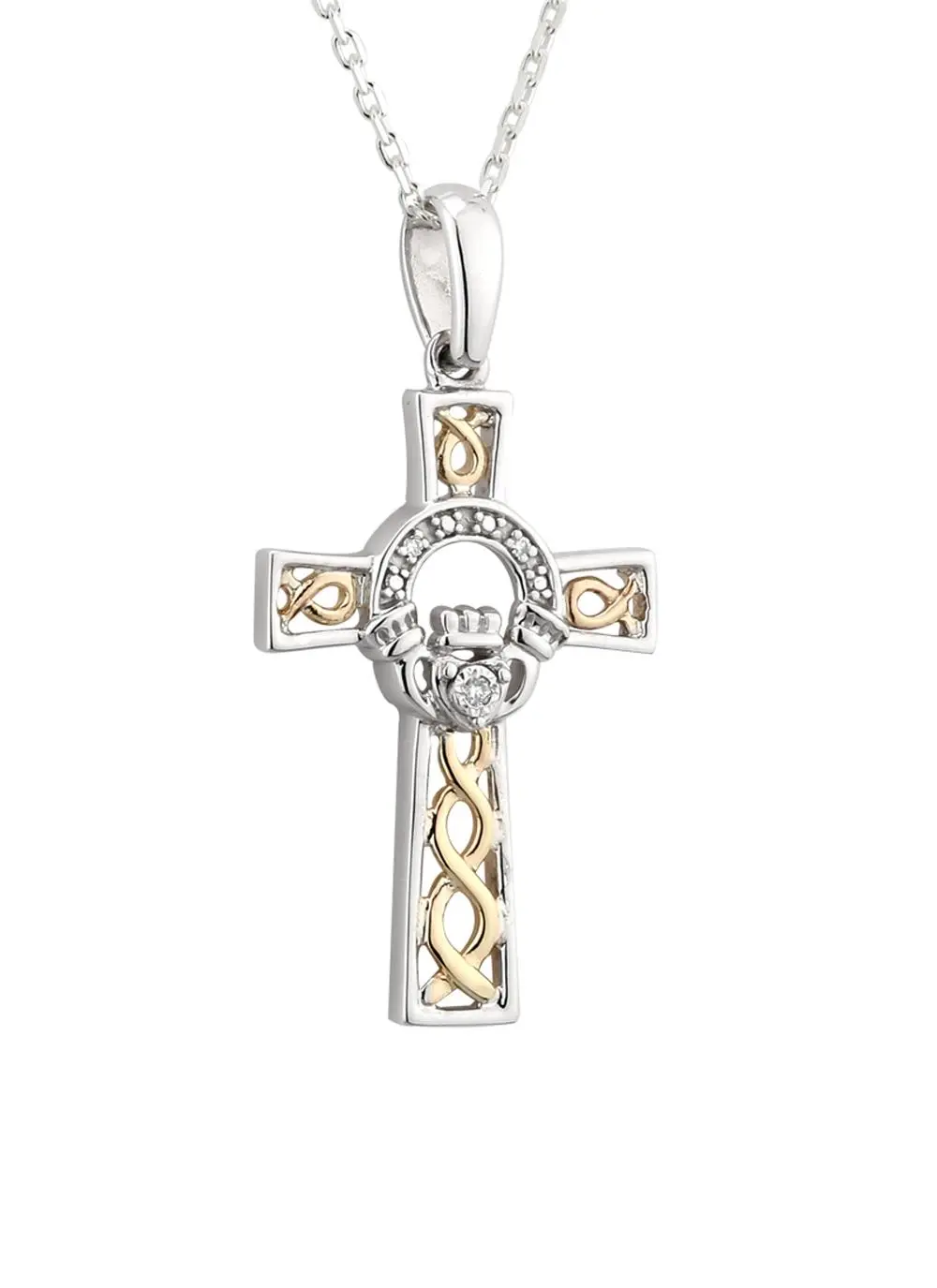 Sterling Silver & 10ct Gold Diamond Claddagh Cross Pendant