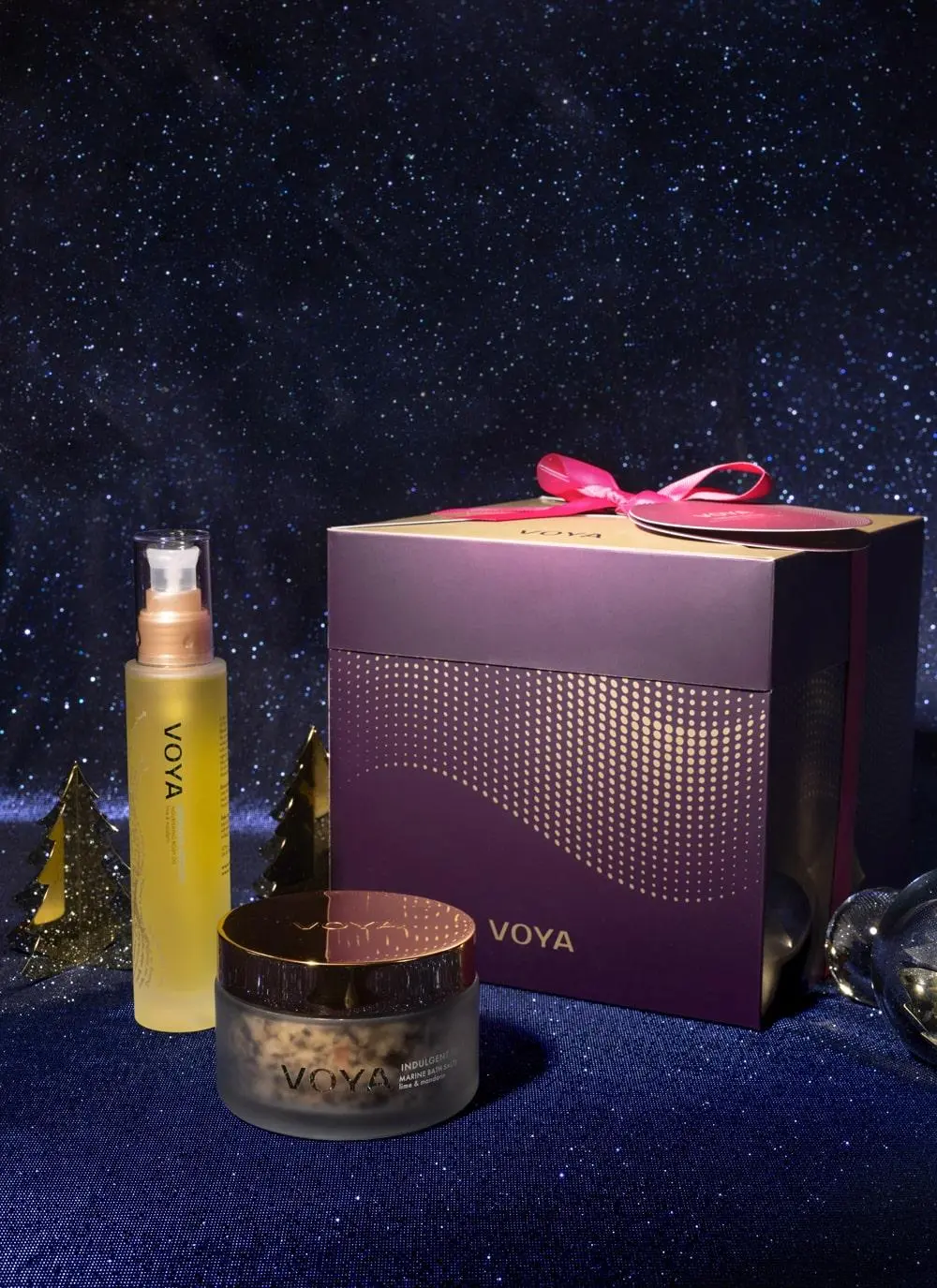 VOYA Lunar Bathe Christmas Gift Set styled shot with festive purple background