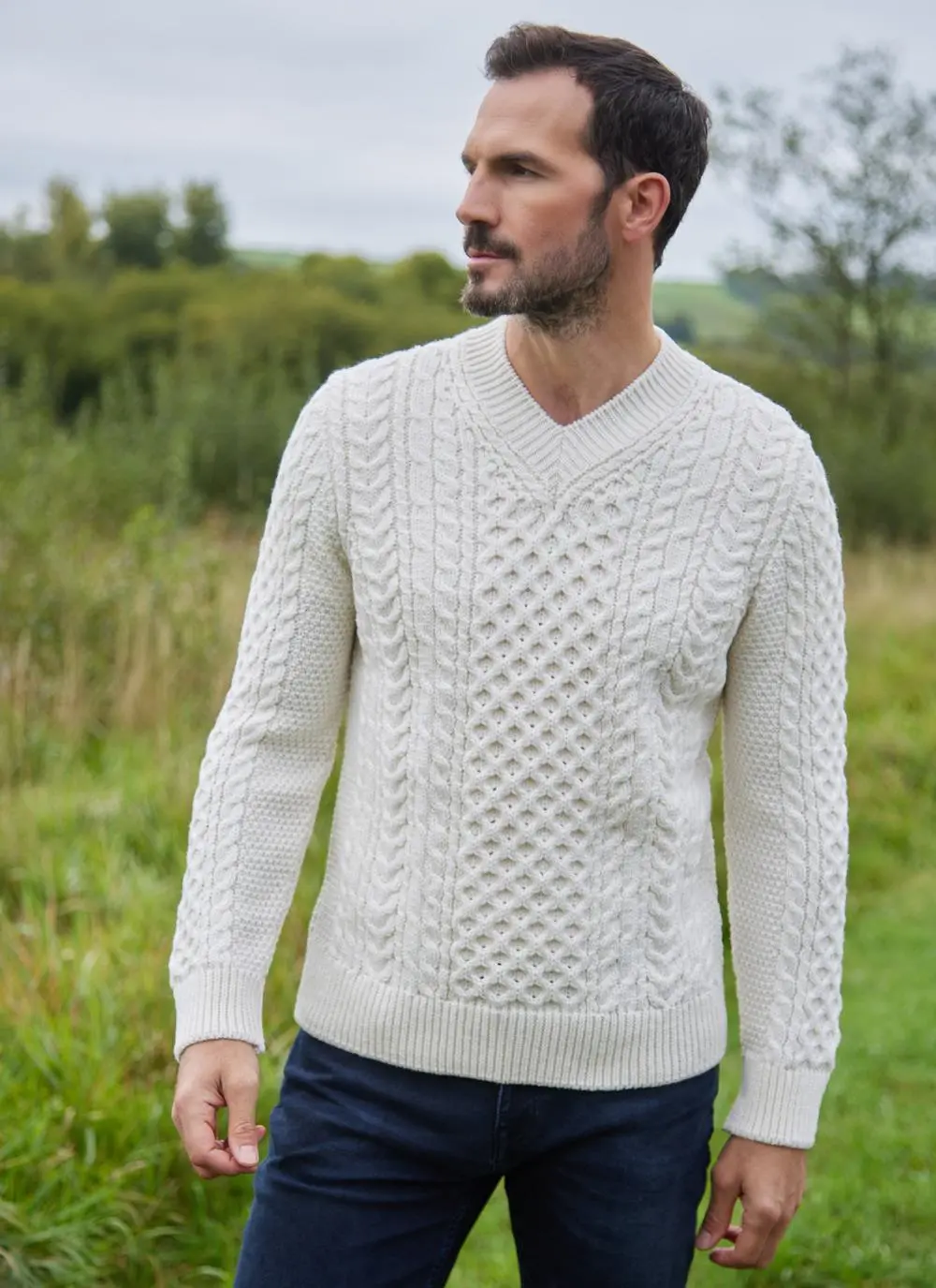 Ciaran V-Neck Aran Sweater in Natural | Blarney