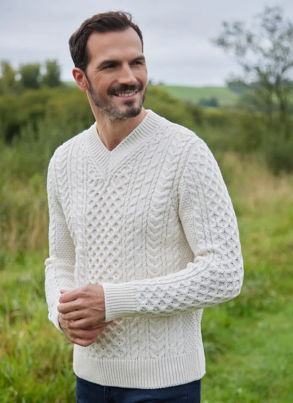 Ciaran V-Neck Aran Sweater in Natural | Blarney