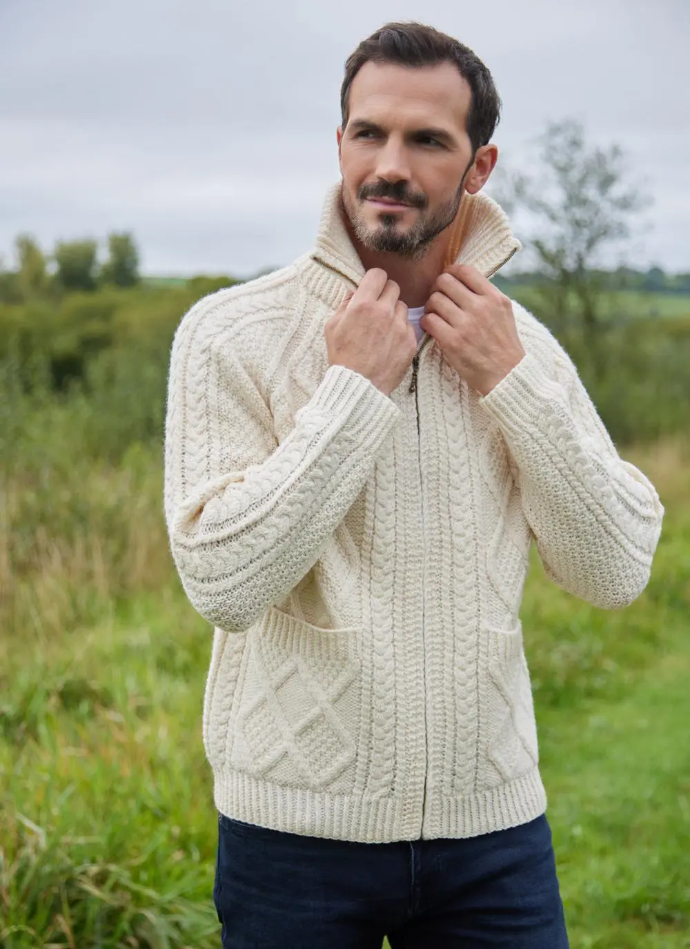 Full Zip Knit Wool Sweater - Natural