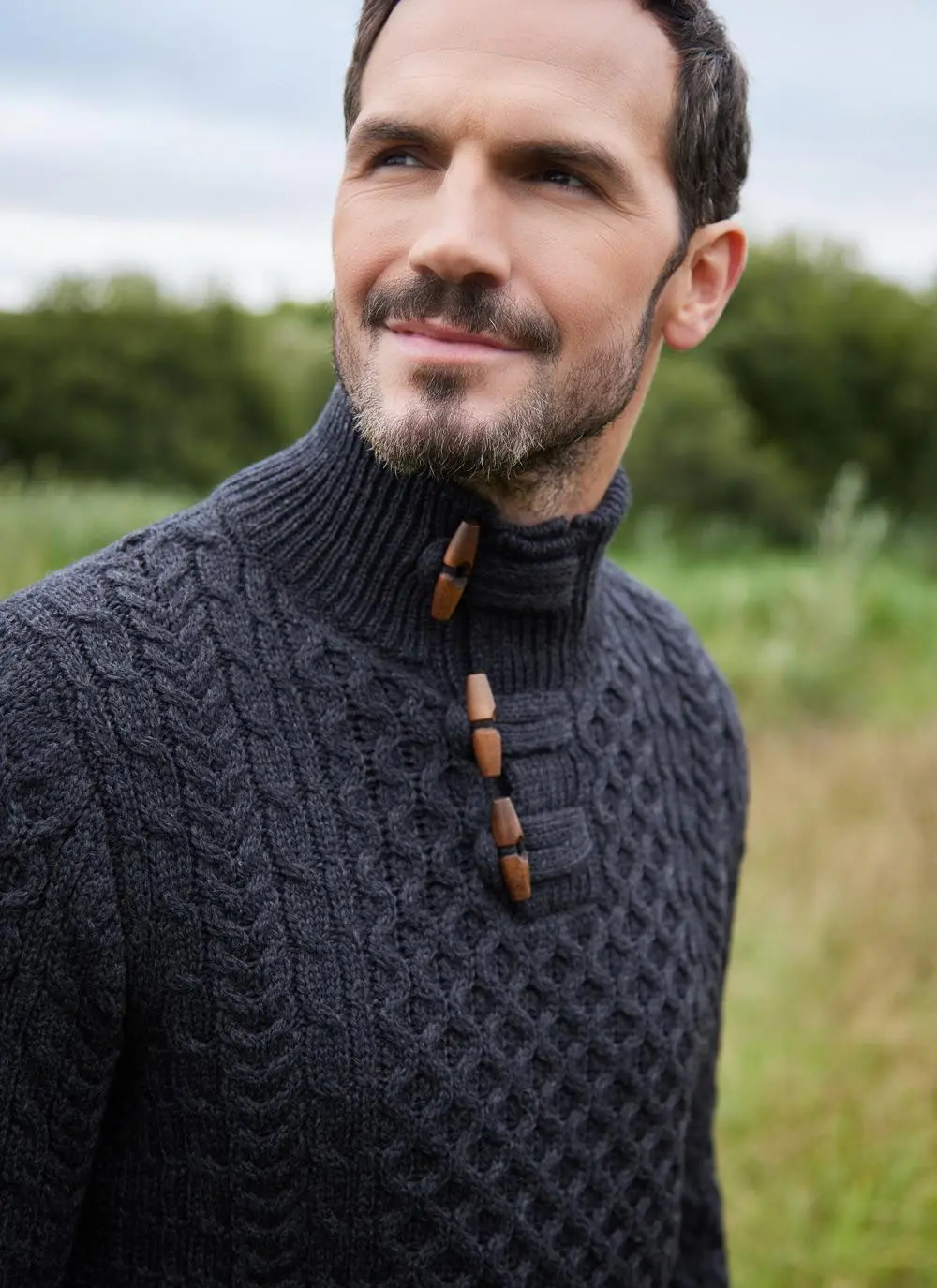 Cormac Toggle Neck Aran Sweater in Charcoal | Blarney