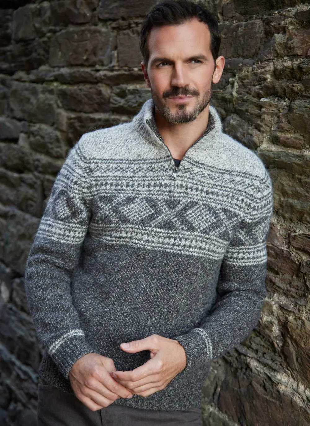Aran Crafts Men's Irish Cable Knit Half Zip Jacquard Sweater (100% Merino  Wool) : : Home