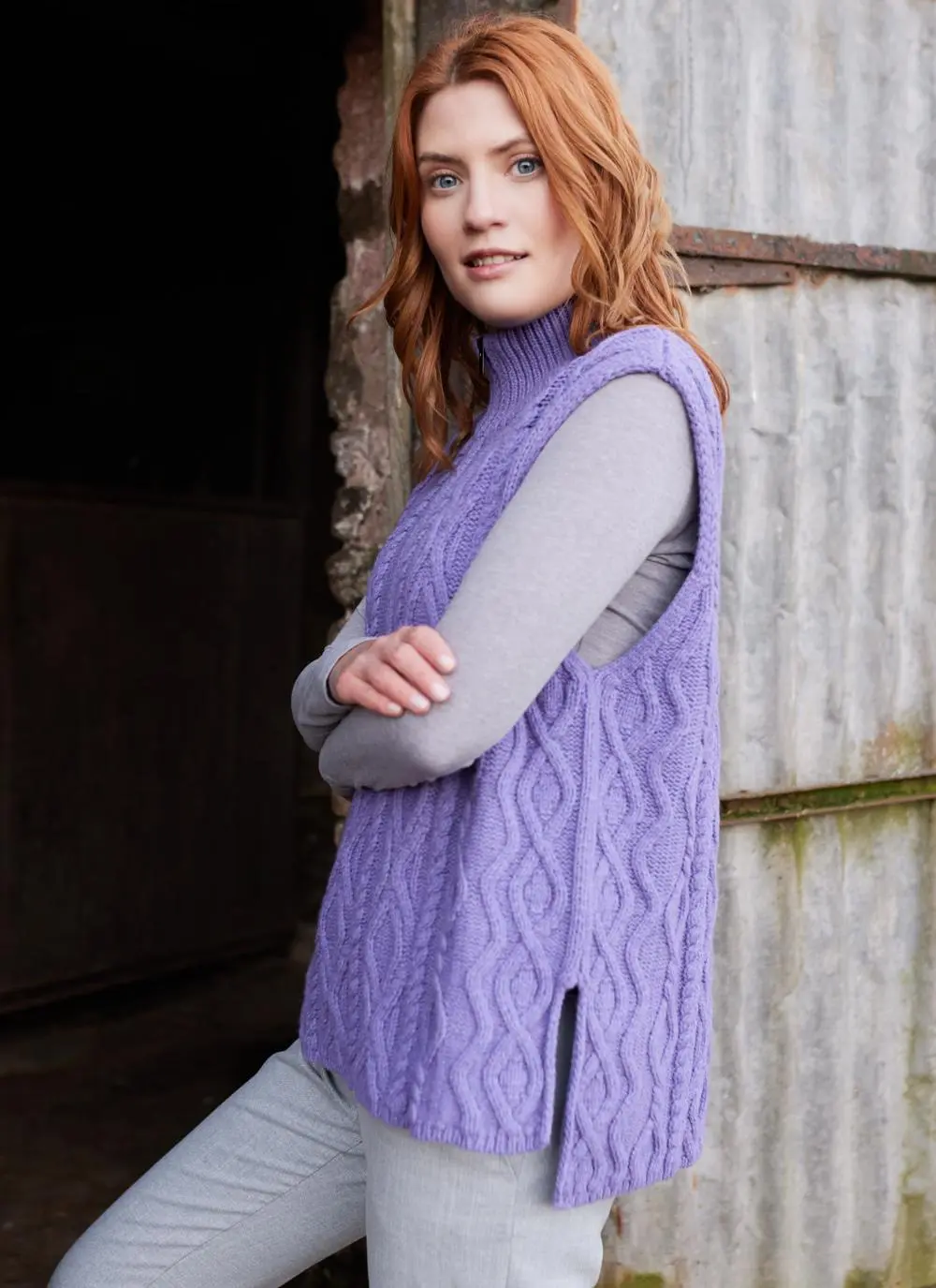 Cable Sleeveless Zip Sweater in Lilac | Blarney