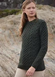Robin Aran Crew Neck Sweater in Army | Made in Ireland | Blarney