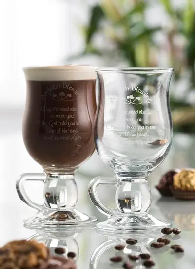 Pair of Irish coffee glasses with markings for whiskey, sugar