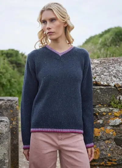 Mespil Cashmere V-Neck Contrast Sweater